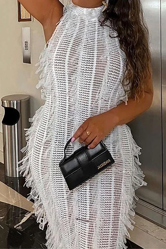 Bargain Prices Fringe Mesh Mock Neck Midi Dress