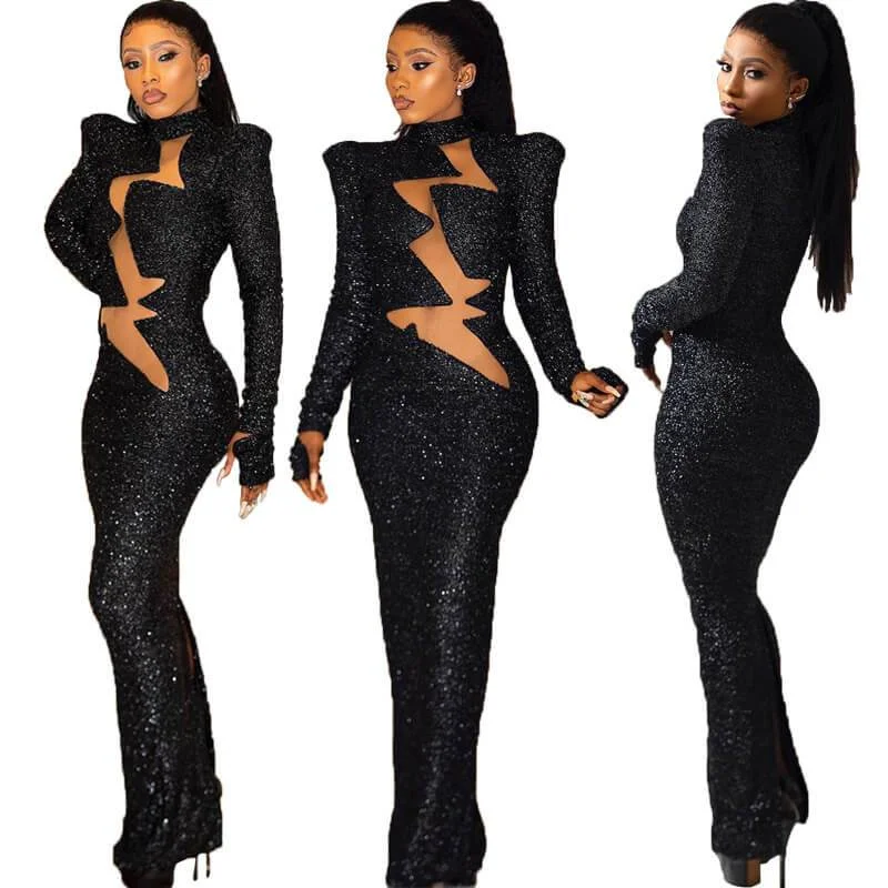 Special Promotion Shoulder Pads Sequin Evening Dress