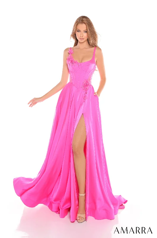 Act Now Amarra 88214 Size 2 Fuchsia Satin A-Line Prom Dress Corset Floral Embellishments A line Pockets Slit