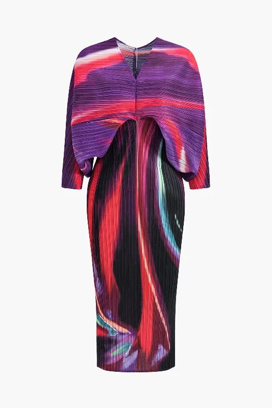Markdown Madness Abstract Print Pleated V-Neck Batwing Sleeve Maxi Dress