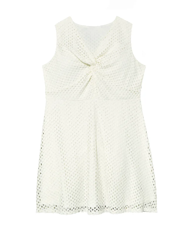 Exclusive Online Offer Charlotte Sleeveless V-Neck Eyelet Fit and Flare Dress with Knot | White