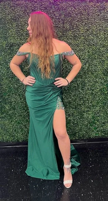 Bargain Prices Abby Paris 90206 Size 10 Emerald Fitted Satin Prom Dress Beaded off the shoulder Maxi Slit Formal Corset Gown