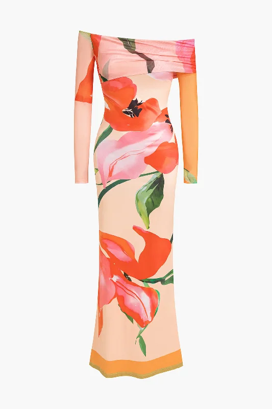 Price Drop Floral Print Long Sleeve Off-Shoulder Maxi Dress