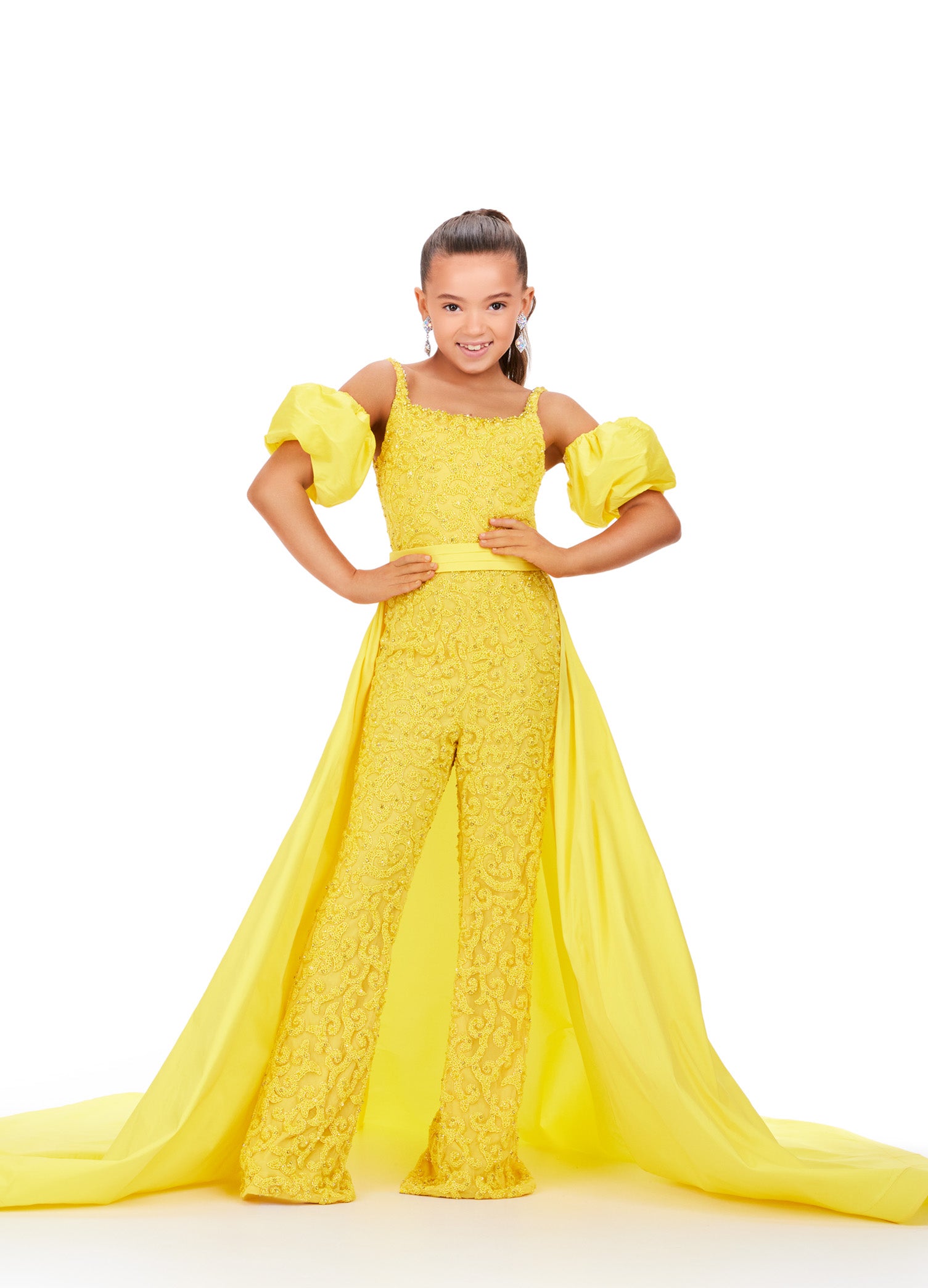 Midnight Madness Ashley Lauren Kids 8269 Girls Beaded Puff Sleeve Jumpsuit Pageant Fun Fashion Overskirt Formal
