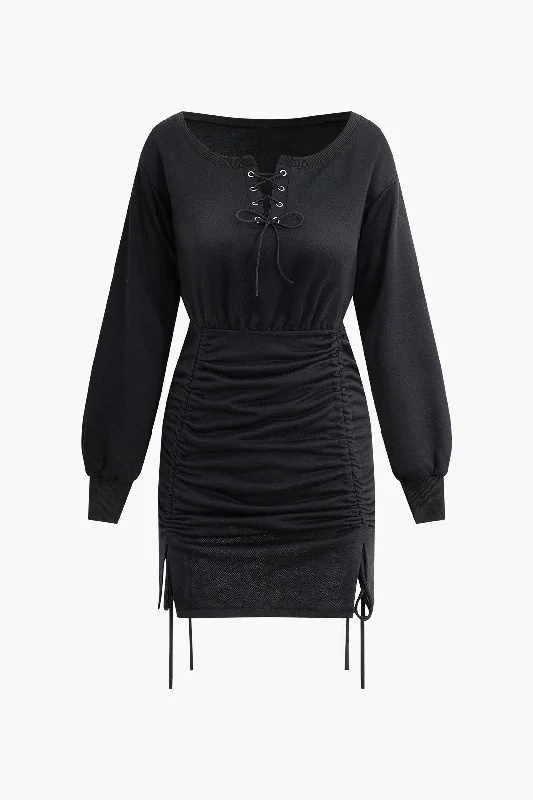 Early Access Eyelet Tie Ruched Drawstring Slit Mini Dress