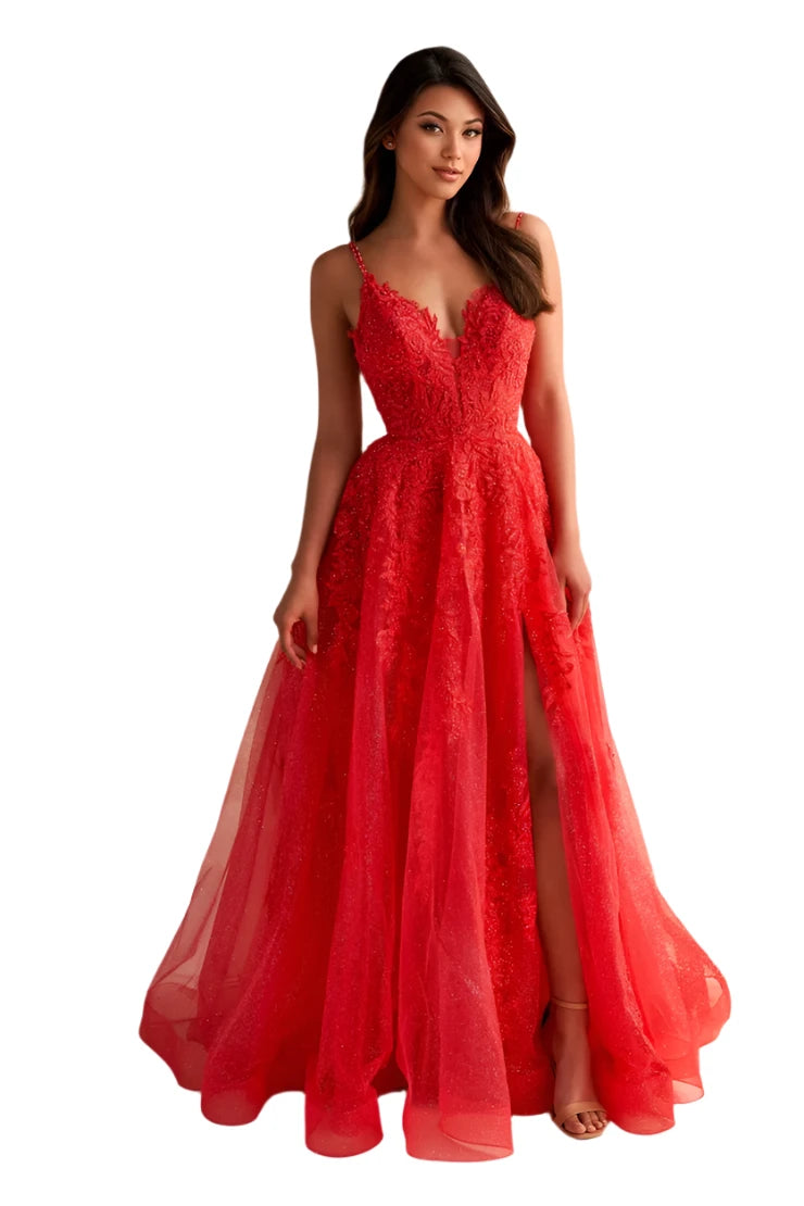 Price Reduction Ellie Wilde EW36226 Size 8 Strawberry Long Shimmer Sheer Lace A Line Slit Prom Dress Formal V Neck Gown