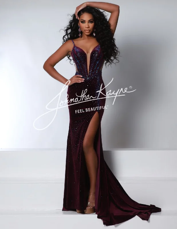 Online Specials Johnathan Kayne 2948 Size 12 Eggplant Long Velvet Sheer Formal Dress Pageant Prom Slit Evening Gown