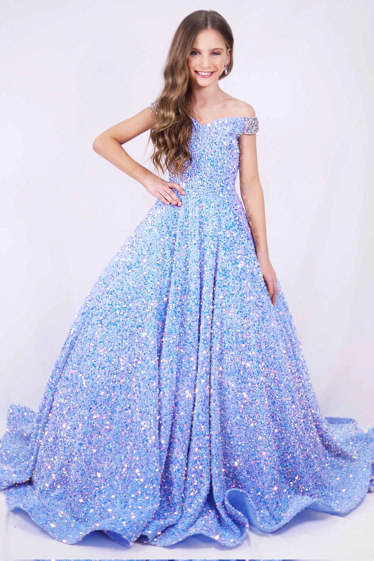 Overstock Ava Presley 27733 Girls Pageant Dress Long Velvet Sequin Off the Shoulder Crystal Straps