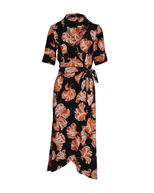 Special Discount Ganni Midi Wrap Dress in Black and Orange Silk