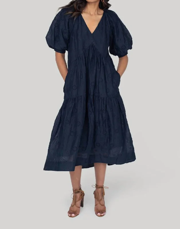 Extra Savings V-Neck Puff Sleeve Maxi Dress In Navy