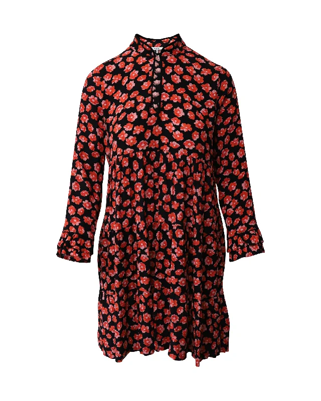 Take Advantage Ganni Lindale Floral Print Mini Dress in Black and Red Viscose
