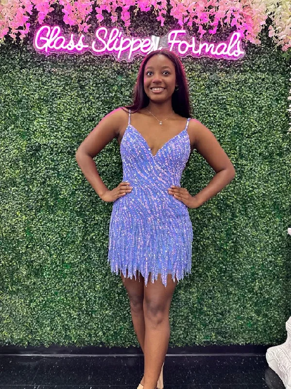 Exclusive Deal Amarra 88042 Size 6 Periwinkle Orchid Short Beaded Fringe Homecoming Dress Sequin Cocktail Dress V Neck Formal