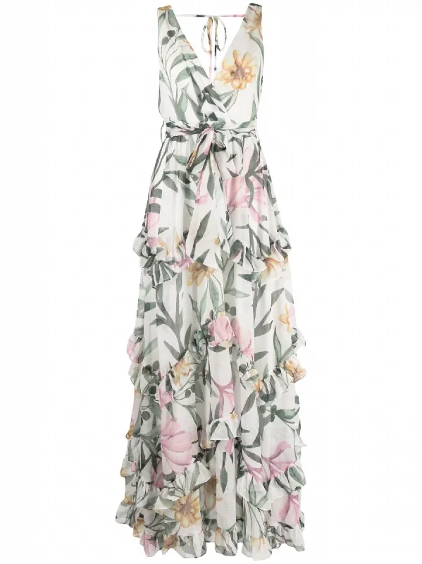 Year-End Sale Jasmin Ruffle Maxi Dress In White/green