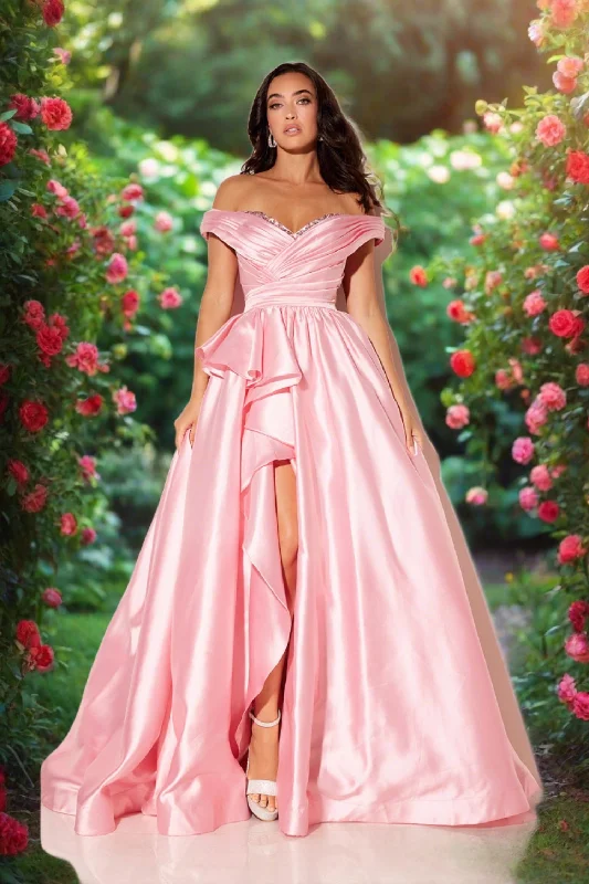 Best Deals Lucci Lu 1341 Size 0 Pink Taffeta off the shoulder Prom Dress Maxi Slit Ruffle Ballgown Evening