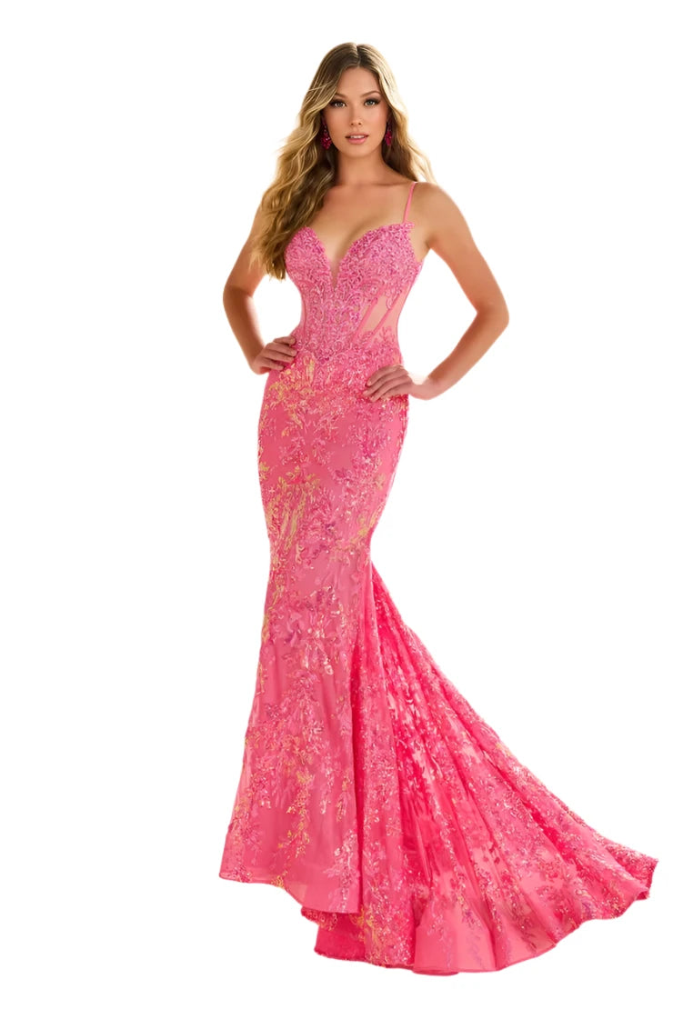 Price Cut Ellie Wilde EW36003 Size 8 Hot Pink Sheer Corset Sequin Mermaid Backless Prom Dress Pageant Evening Gown