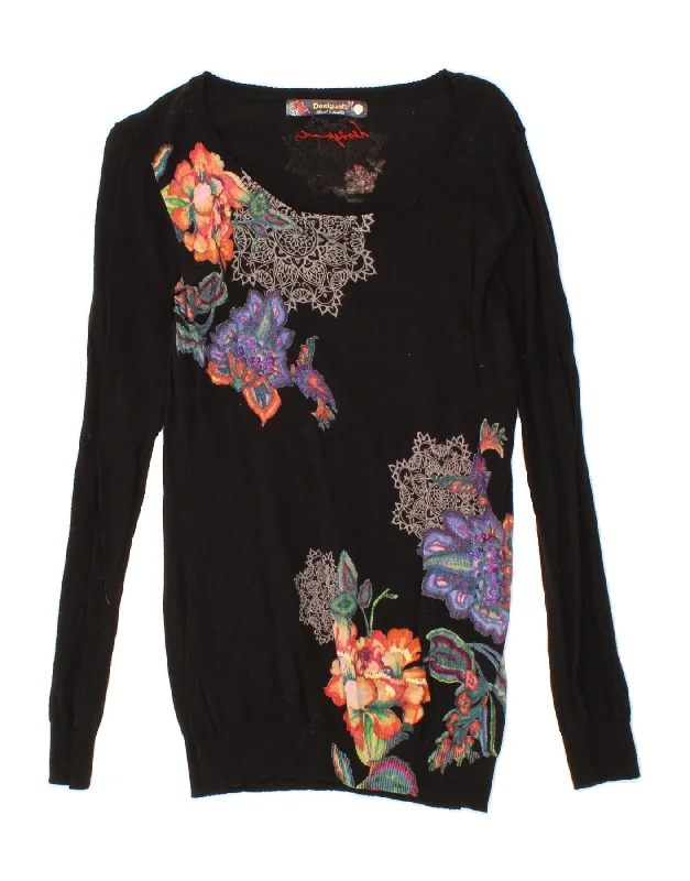 Bargain Bin DESIGUAL Womens Boat Neck Jumper Sweater UK 14 Large Black Floral Cotton