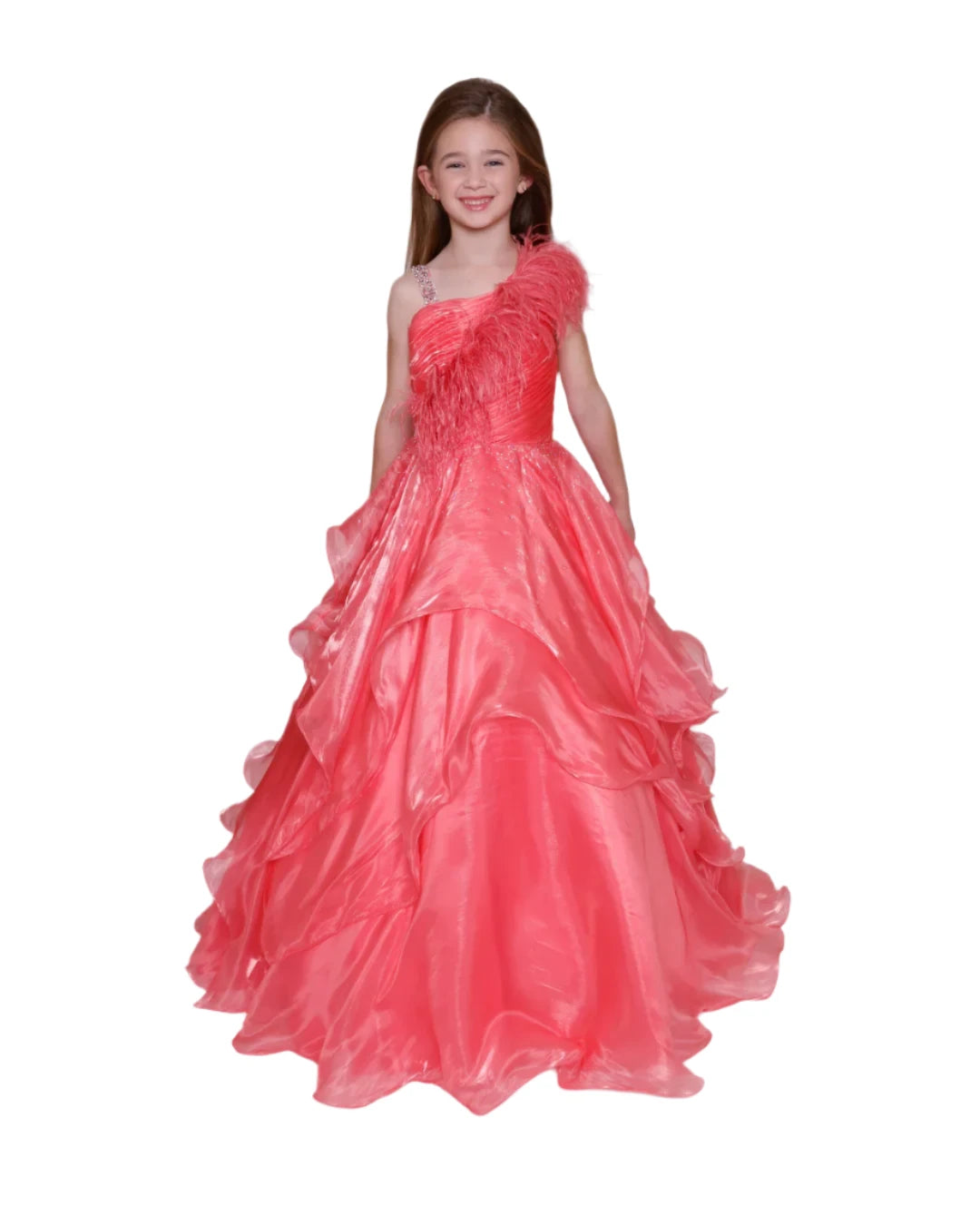 Sale Event Ava Presley Girls 39887 Size 4 Coral Long Shimmer Layer Pageant Dress Feather One Shoulder Crystal Gown