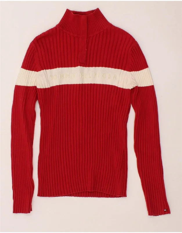 Don't Wait TOMMY HILFIGER Womens Graphic Button Neck Jumper Sweater UK 6 XS Red