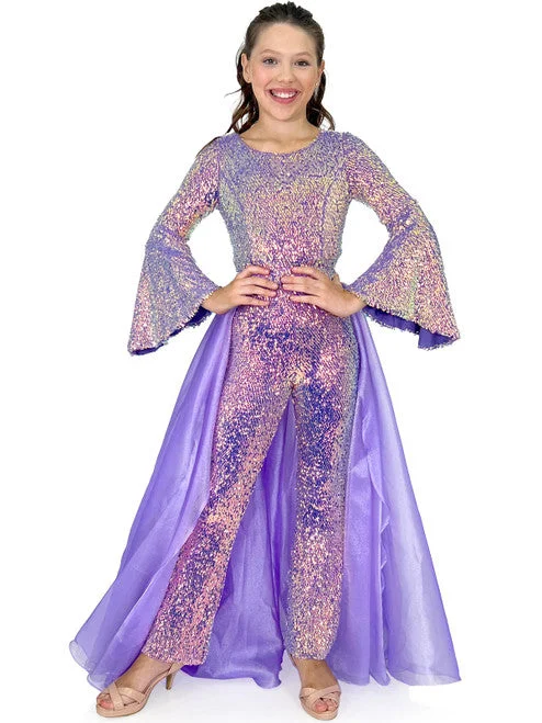 Final Sale Marc Defang 8004k Kids Size 6 Iridescent Purple Jumpsuit Sequin Bell Sleeve Pageant Overskirt Fun Fashion