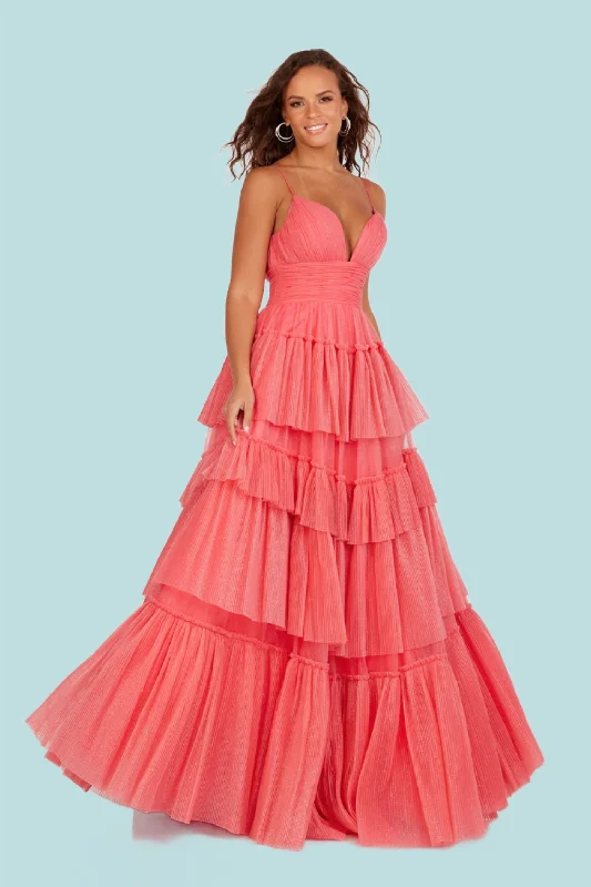 Act Now Lucci Lu 1357 Size 20 Coral Layer Tulle A Line Glitter Prom Dress V Neck Formal Gown Pleated Ballgown