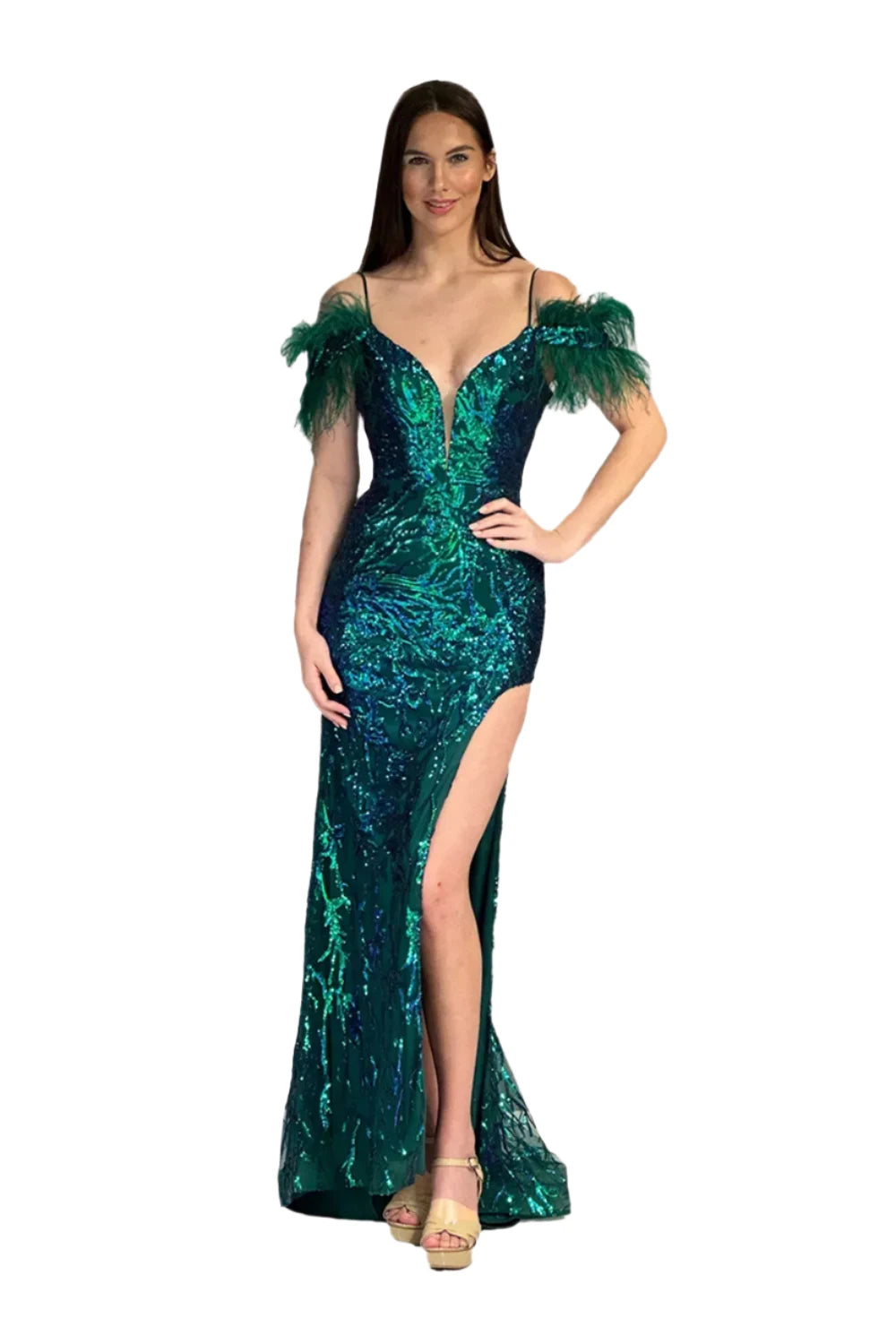 Get It Before It’s Gone Abby Paris 90271 Size 0 Green Sequin High Slit Feather Prom Dress Corset off the Shoulder