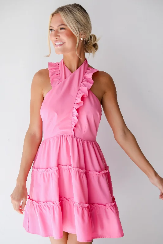 Special Discount FINAL SALE - Cutest Feeling Pink Halter Ruffle Mini Dress