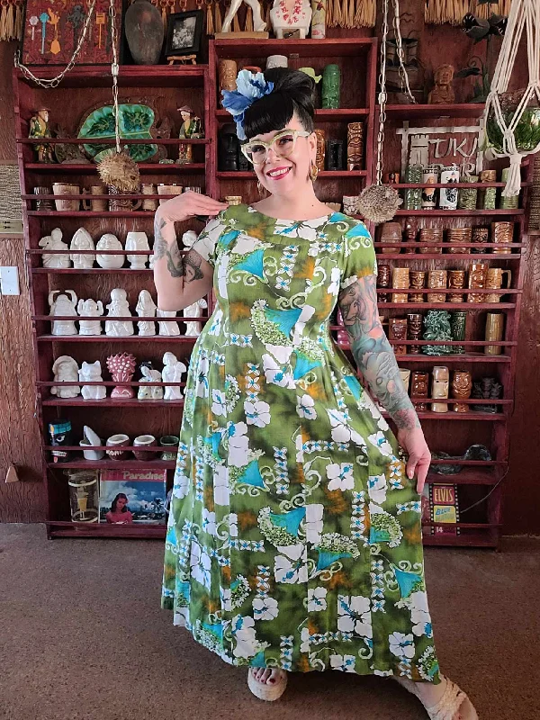 Price Smash Vintage 60s Green Tropical Maxi Dress