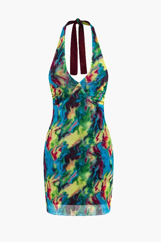 Limited Stock Tie Dye V-neck Halter Backless Mini Dress