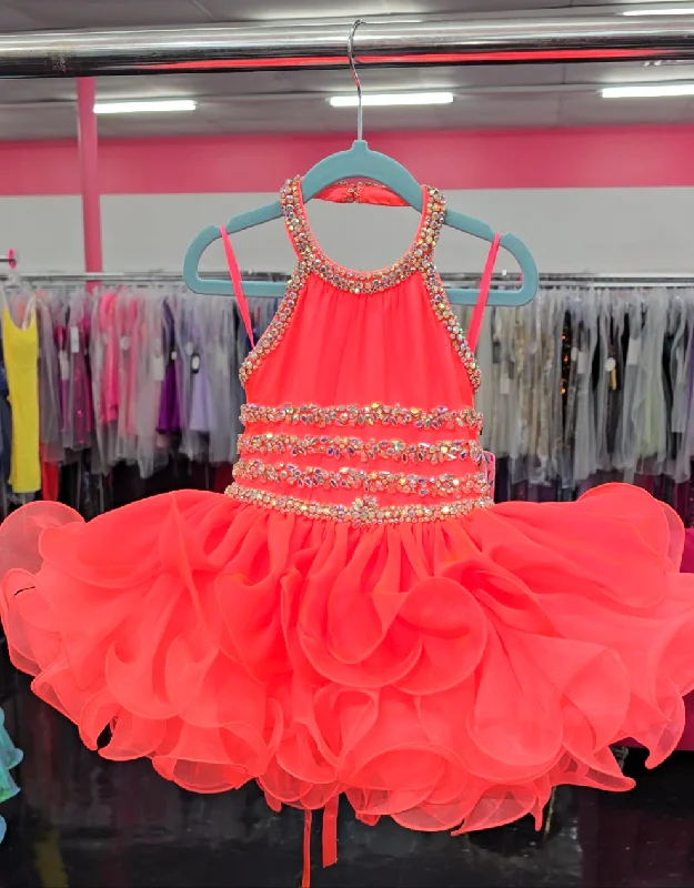 Special Price Sugar Kayne C216 Size 2T Hot Coral Short girls Cupcake Ruffle High Neckline Pageant Dress Bow Crystal Embellished