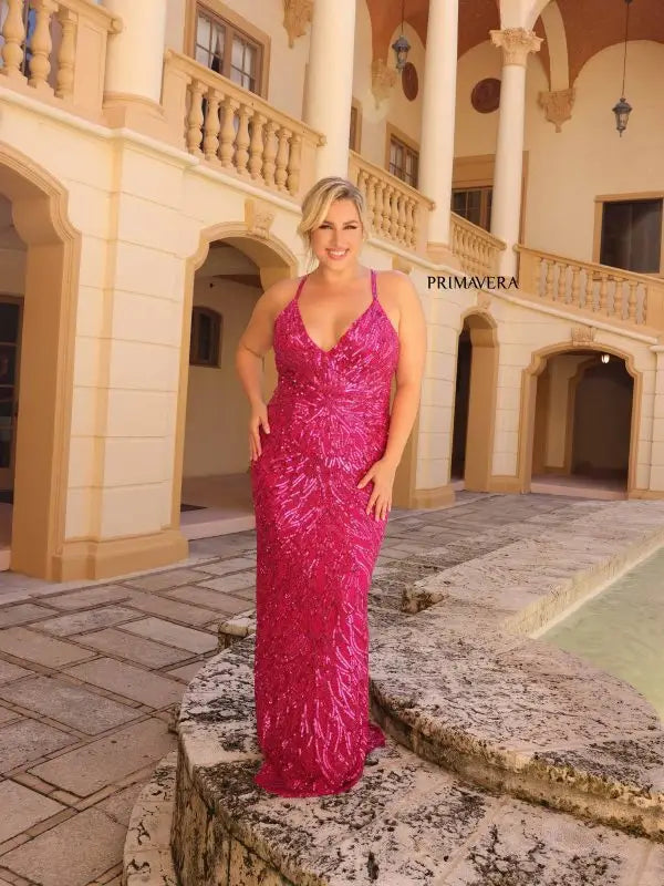 Inventory Reduction Primavera Couture 14051 Size 20W Fuchsia Long Prom Dress Plus Size Sequin Plunging Neckline Fitted Formal Gown Inventory Reduction Primavera Couture 14051 Size 20W Fuchsia Long Prom Dress Plus Size Sequin Plunging Neckline Fitted Formal Gown