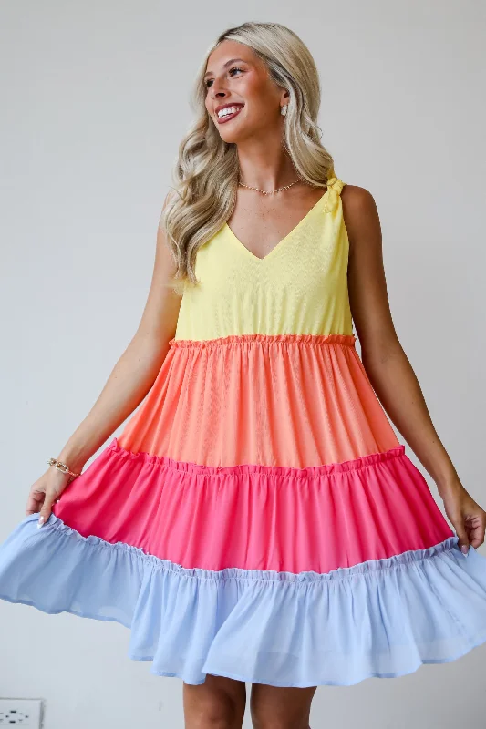 Huge Discounts FINAL SALE - Make My Heart Flutter Tiered Color Block Mini Dress