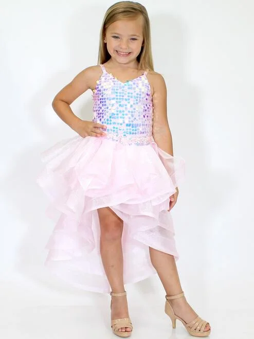 Limited Availability Marc Defang 5002 Pink High Low Sequin Girls Pageant Romper Layered Detachable Overskirt