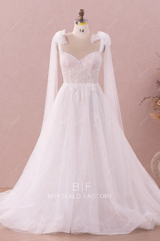 Don’t Miss Out Pearls Sweetheart Lace Illusion Corset Shoulder Streamer Bridal Gown