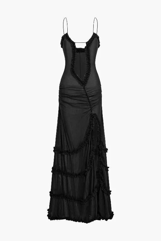 Weekend Deal Mesh Ruched Layered Frill Slip Maxi Dress