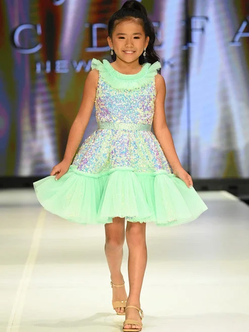 Steals and Deals Marc Defang Kids 5111 Short Sequin Tulle Pleated Ruffle Cocktail Dress Pageant layered