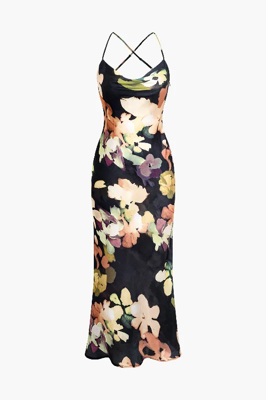 Hurry In Floral Print Halter Midi Dress