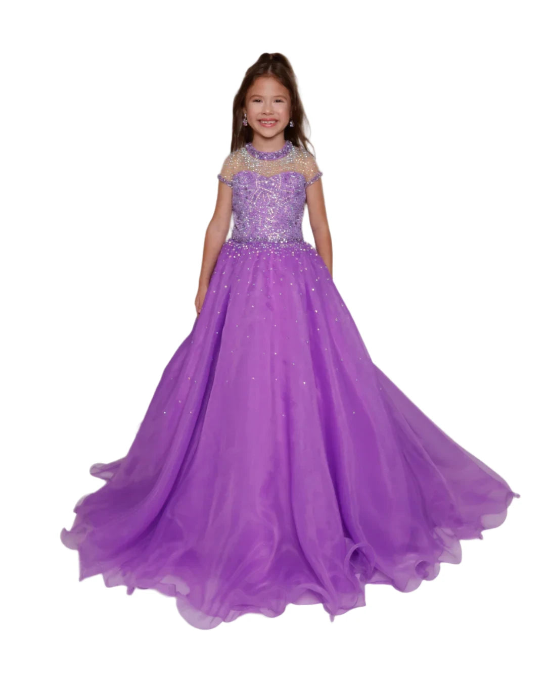 Doorbuster Deal Ava Presley 38043 Girls Pageant Dress Sheer High Neck Ballgown cap sleeve crystal organza Train