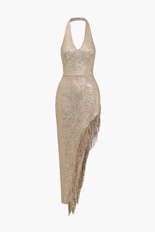 Super Bargain Backless Fringe Sequin Midi Dress