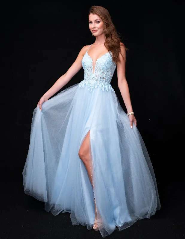 Instant Discount Nina Canacci 4421 Size 4, 14 Baby Blue Sheer Lace A Line Prom Dress Maxi Slit Corset Formal Ball Gown