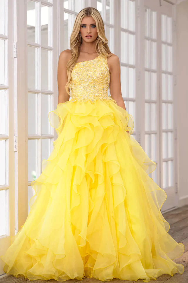 Deep Discounts Ava Presley 28576 Size 2 Yellow Long Prom Dress One Shoulder Sequin Bodice  Layered Organza Skirt Formal Pageant Gown
