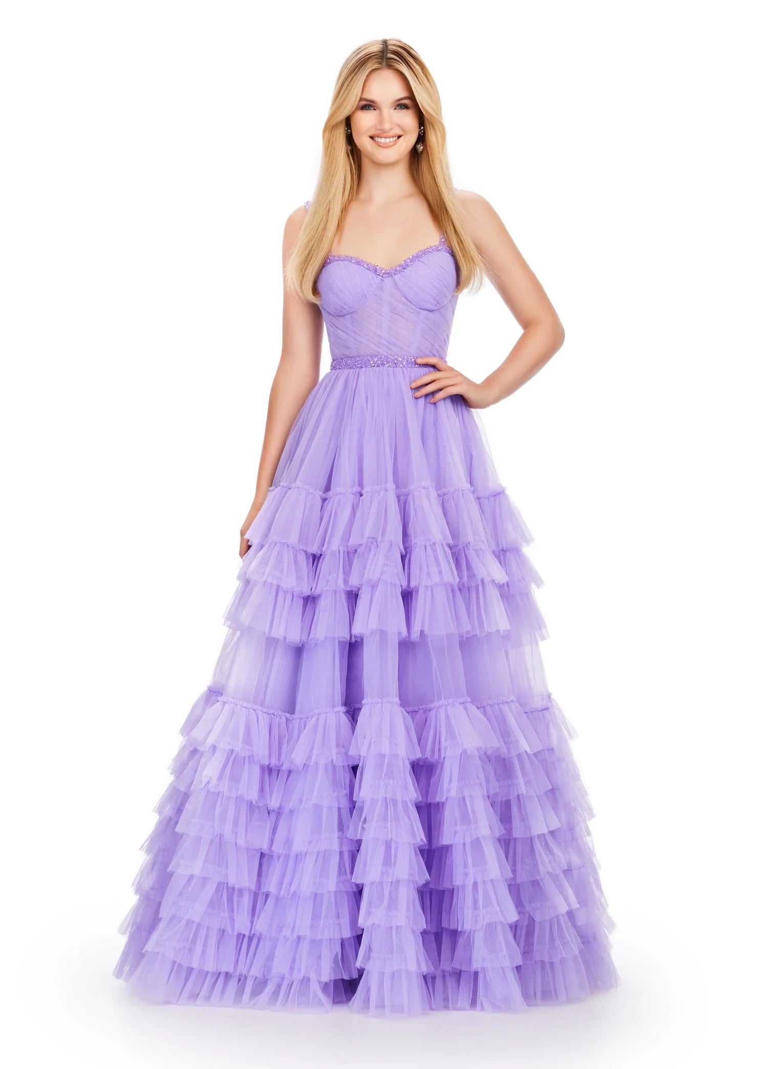 Quick Sale Ashley Lauren 11603 Size 6 Lilac Tulle Ruffle Layer Ballgown Prom Dress Beaded Corset Pageant Gown
