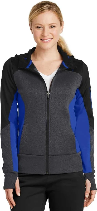 Huge Discounts Sport-Tek LST245 Ladies Tech Fleece Colorblock Full-Zip Hooded Jacket - Black Graphite Heather True Royal