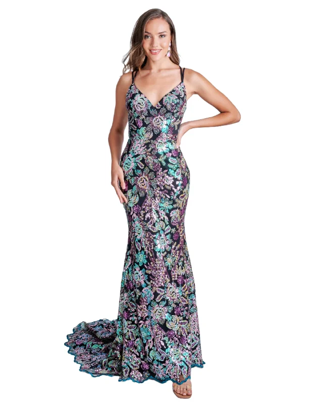 Price Meltdown Nina Canacci 2382 Size 4 Black Multi Sequin Print Formal Prom Dress Backless Corset V Neck Evening Gown