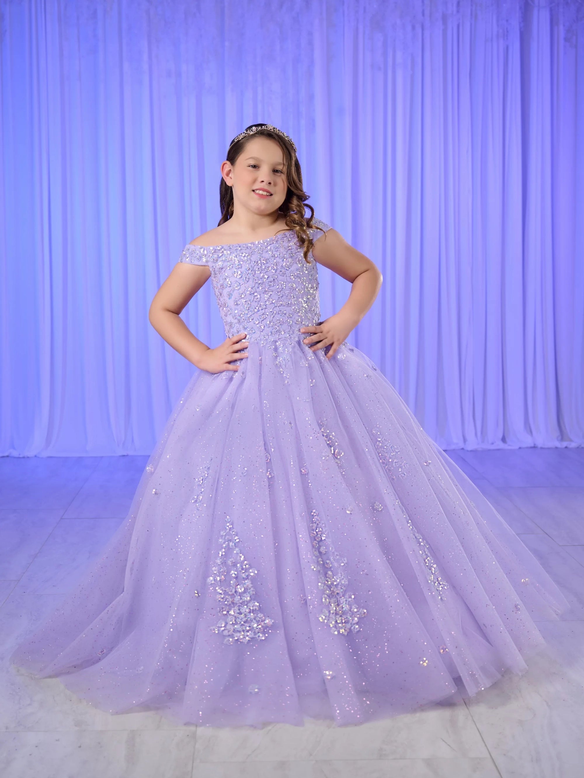 Year-End Clearance Tiffany Princess 13764 Size 10 Lilac Girls Pageant Dress Off the shoulder Sequin Shimmer Ball Gown