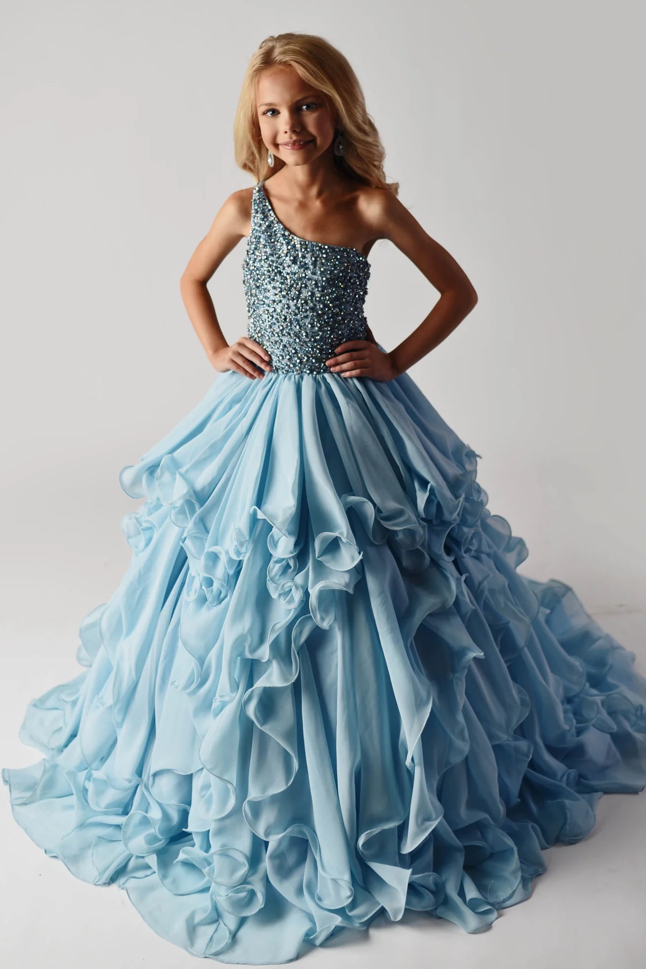 Midnight Sale Ava Presley 38024 Long Ruffle Layer one Shoulder Beaded Bodice Girls Pageant Dress Train