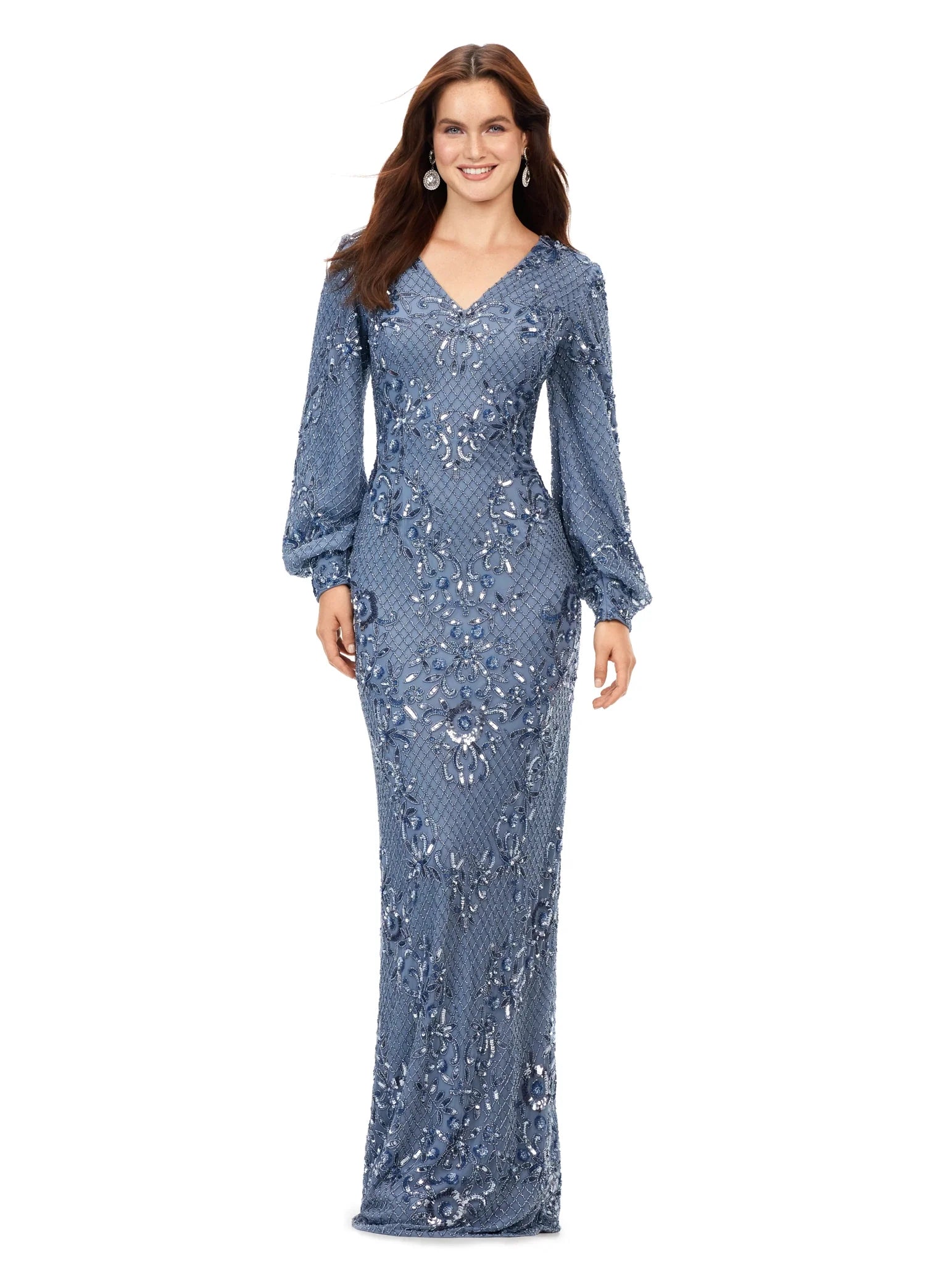 Overstock Ashley Lauren 11193 sz 18 Vintage Blue Long Formal Dress Beaded With Bishop Sleeves Fully Sequined Gown