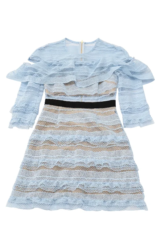 Price Cut Self-Portrait Stripe Grid Lace Mini Dress in Blue Polyester