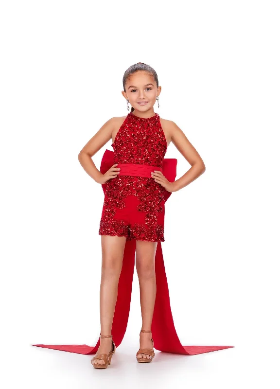 Inventory Reduction Ashley Lauren Kids 8231 Size 12 Red Fully Beaded Halter Neckline Oversized Removable Bow Romper