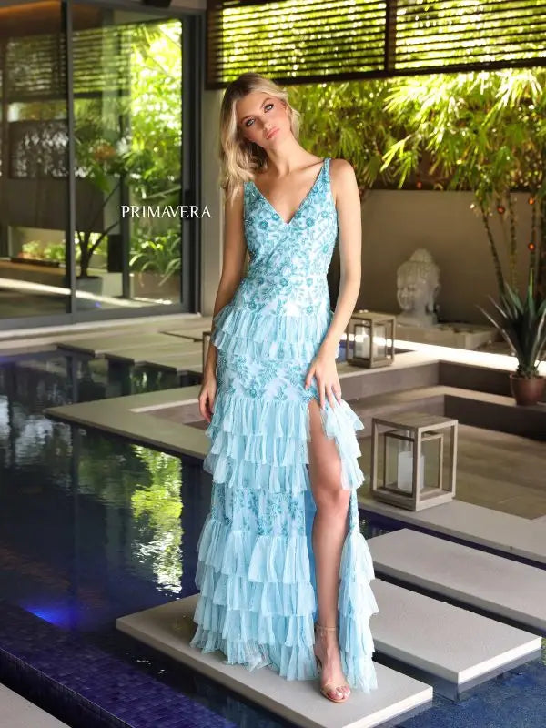 Savings Galore Primavera Couture 4106 Size 12 Blue Long Prom Dress Sequin Beaded Layered Ruffle High Slit Fitted Formal Pageant Gown