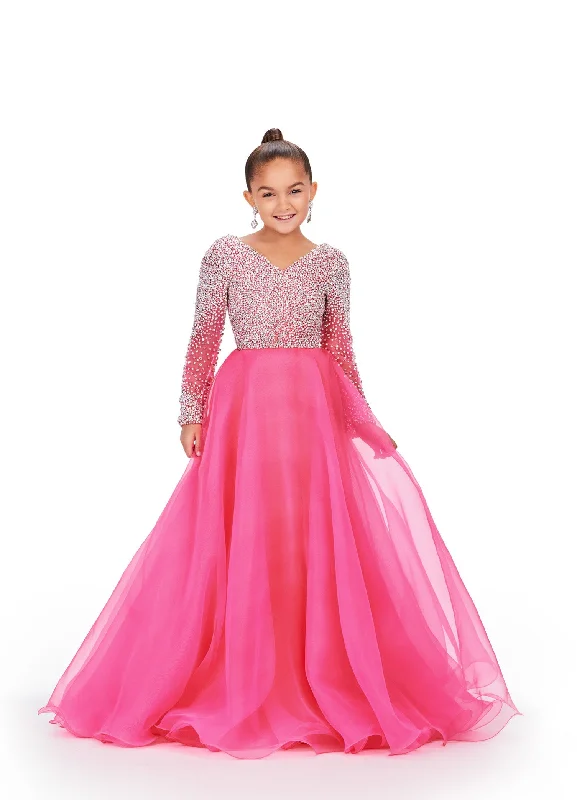 Unmissable Offer Ashley Lauren Kids 8271 Size 6 Hot Pink Girls Pageant Dress Crystal Long Sleeve A Line Pageant Dress Beaded Gown